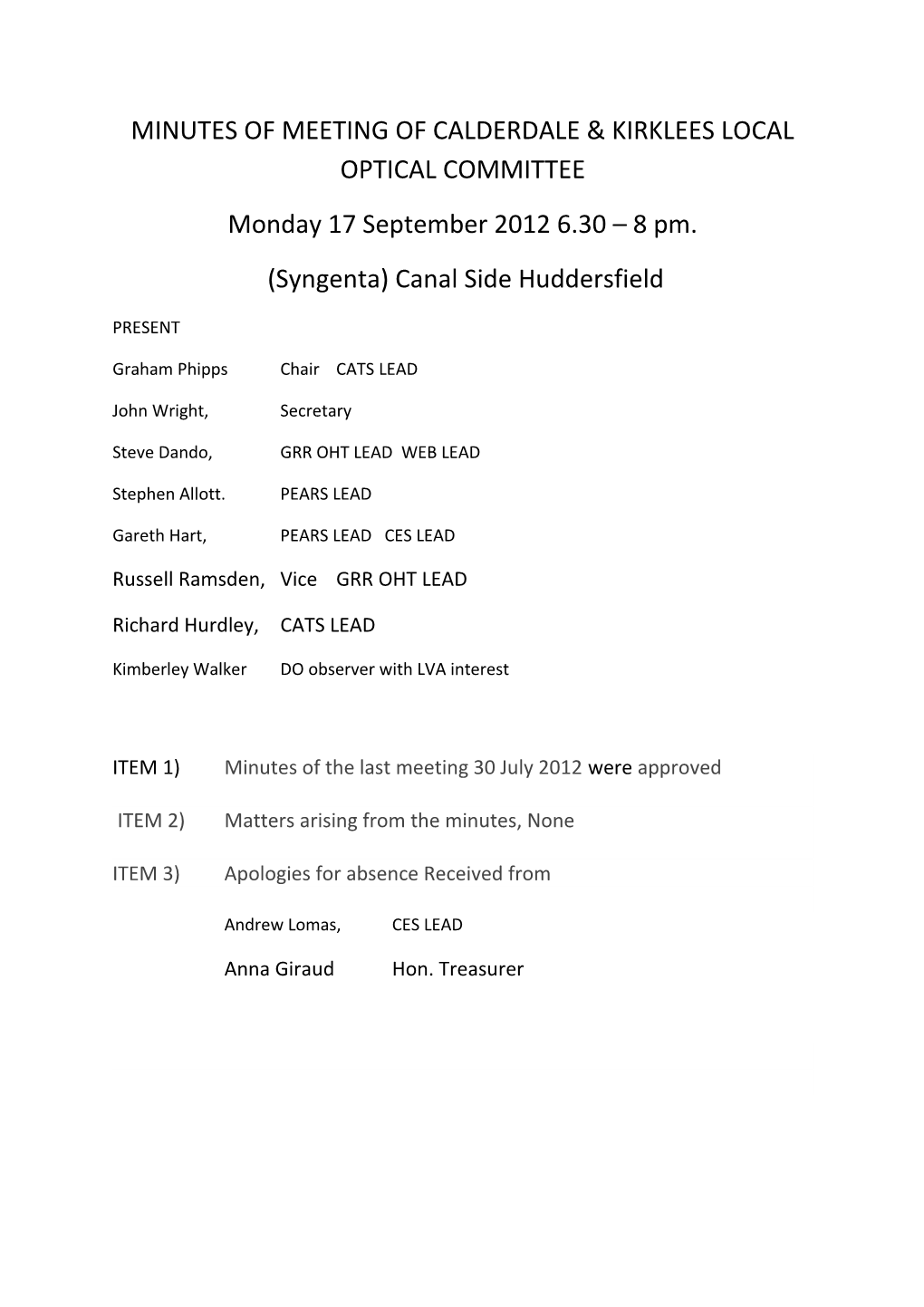 Minutes of Meeting of Calderdale & Kirklees Local Optical Committee