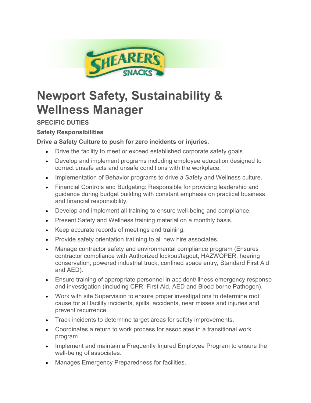 Newport Safety, Sustainability & Wellness Manager