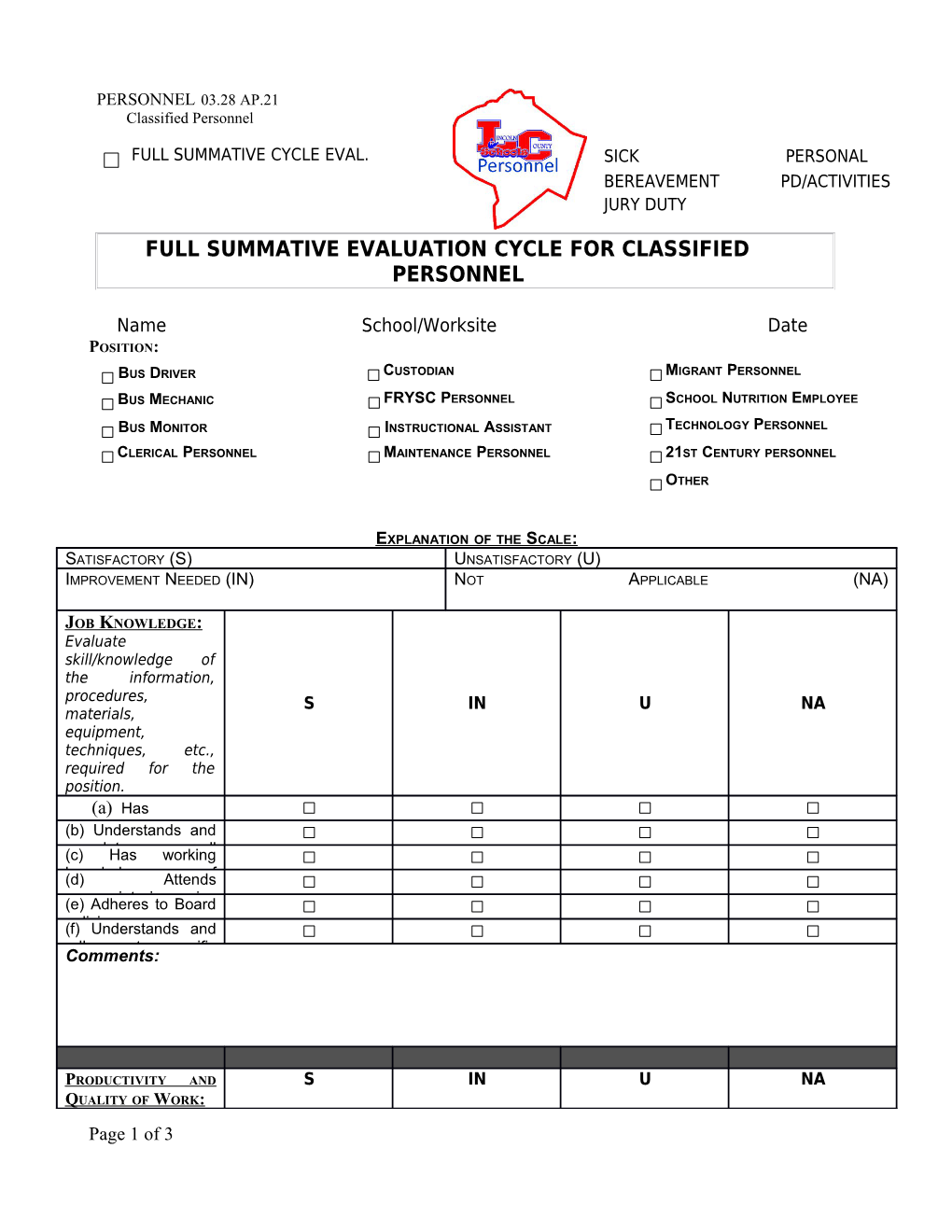 Full Summative Evaluation Cycle for Classified Personnel