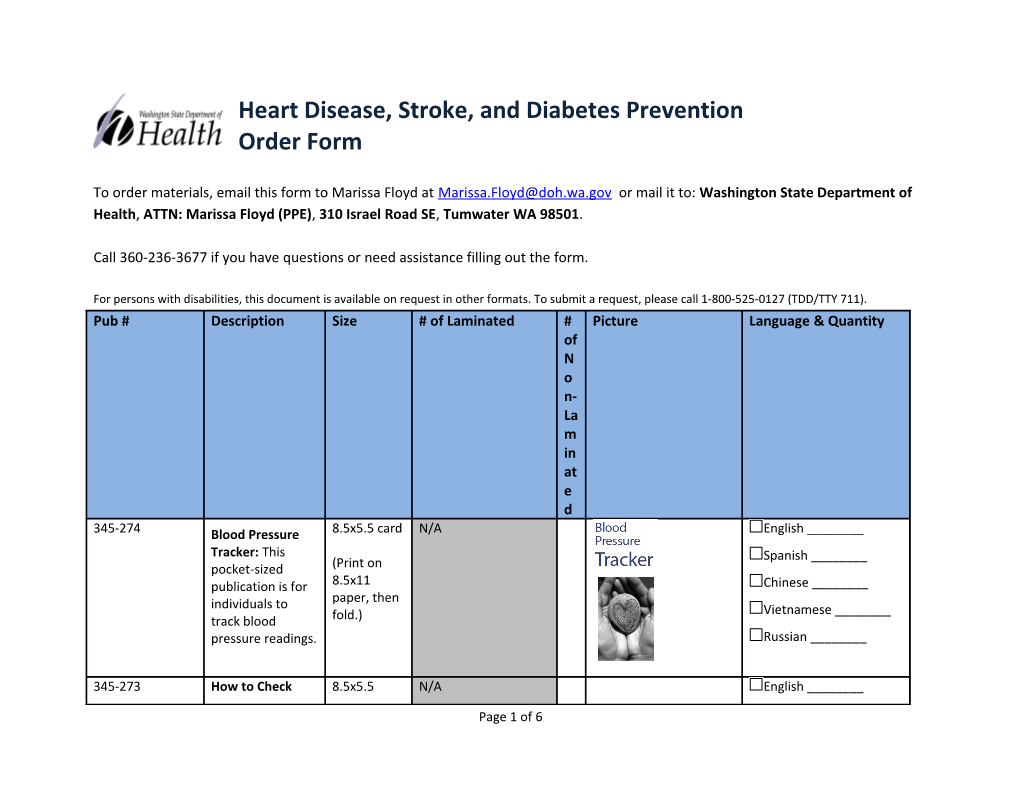 Heart Disease, Stroke, and Diabetes Prevention Order Form