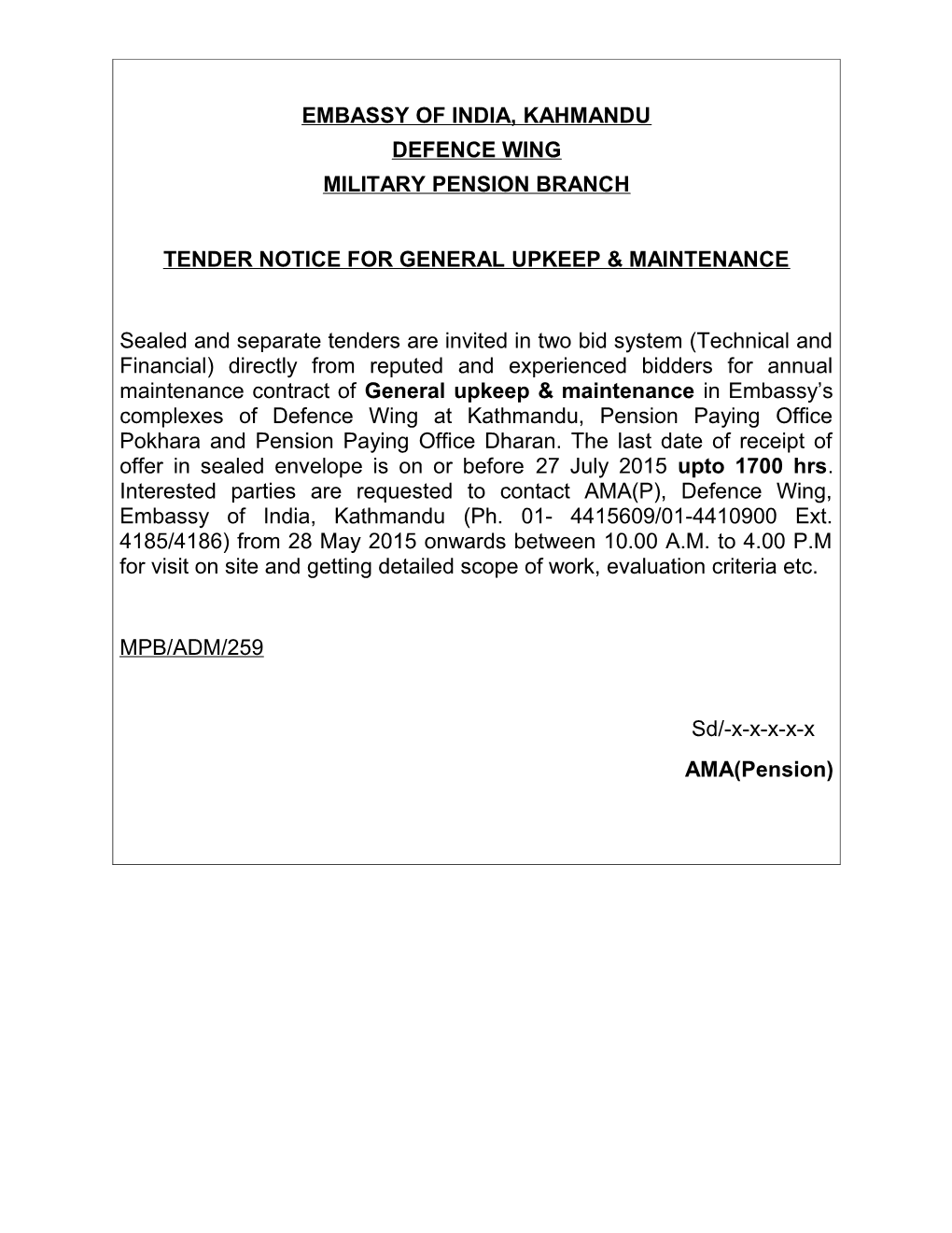 Tender Notice for General Upkeep & Maintenance