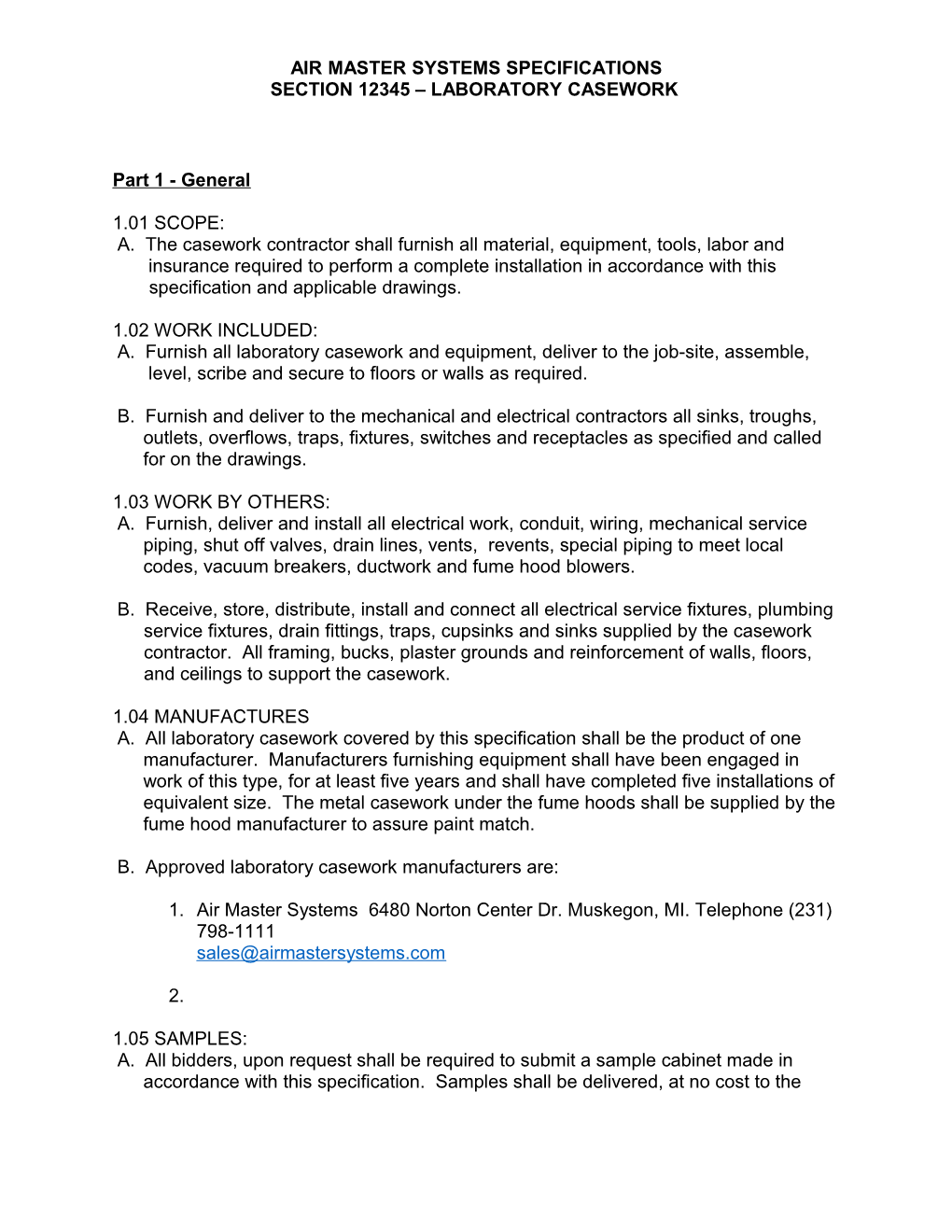 Air Master Systems Specifications