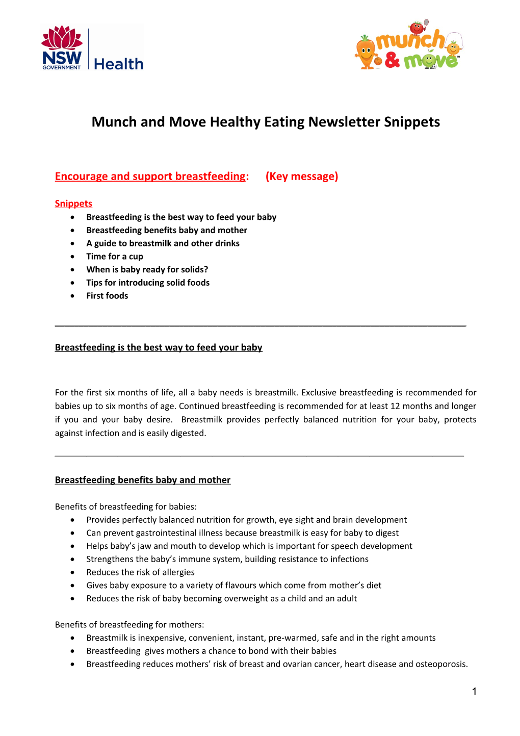 Munch and Move Healthy Eating Newsletter Snippets