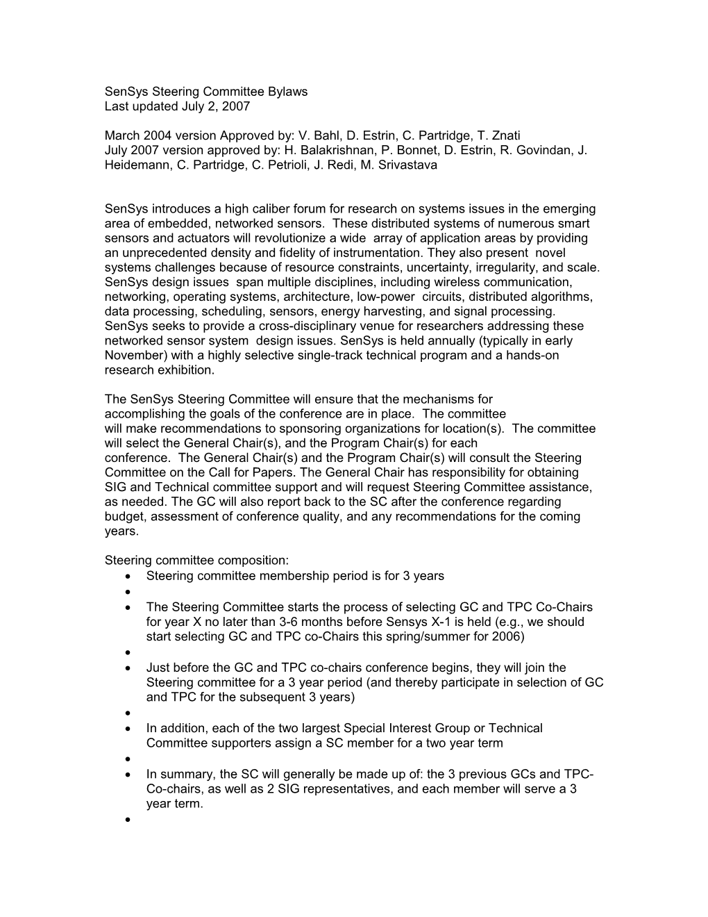 Sensys Steering Committee Composition Process