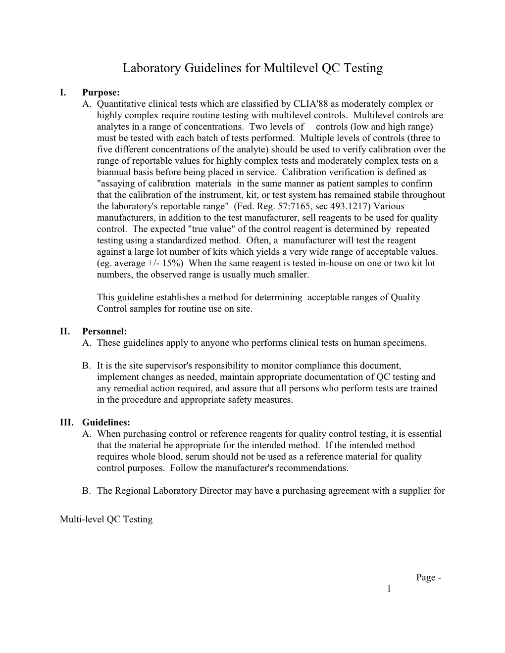 Laboratory Guidelines for Multilevel QC Testing