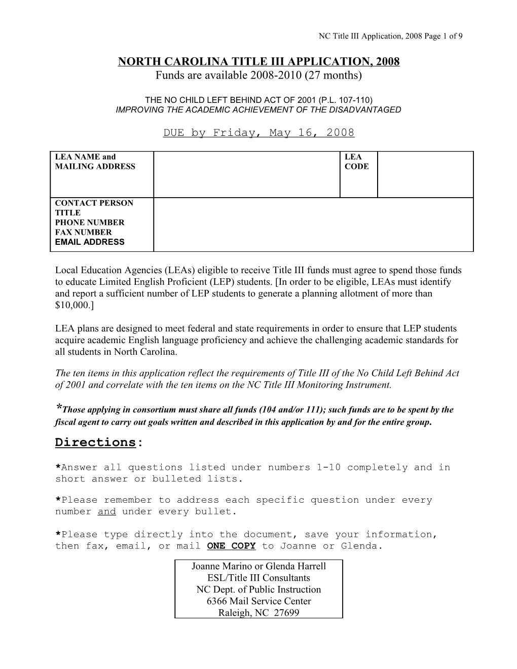 Checklist for LEA Title III Grant Application 2002-2003
