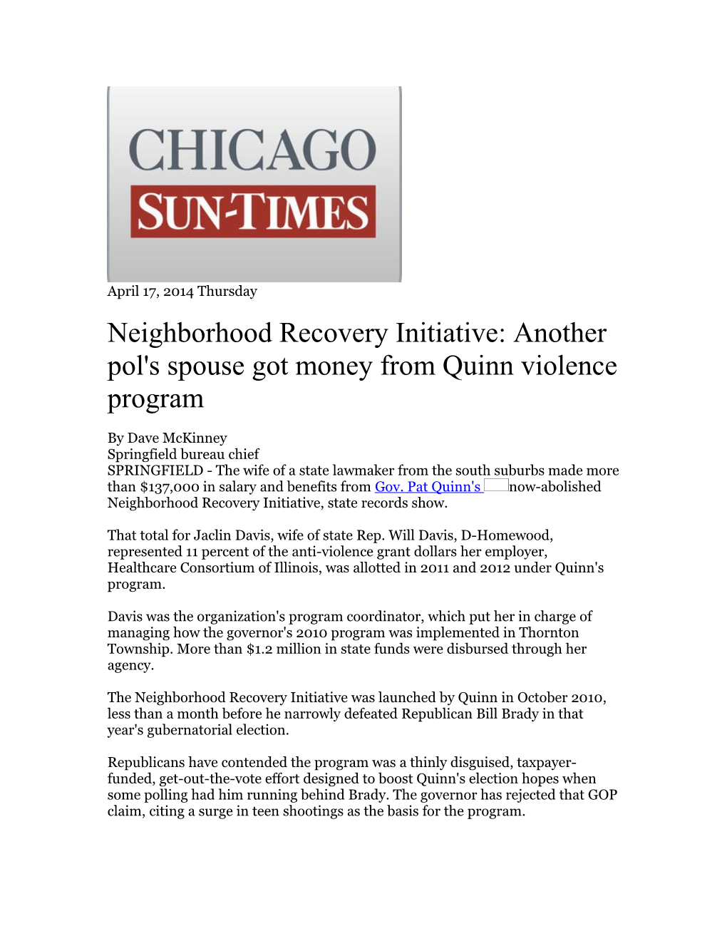 Neighborhood Recovery Initiative: Another Pol's Spouse Got Money from Quinn Violence Program