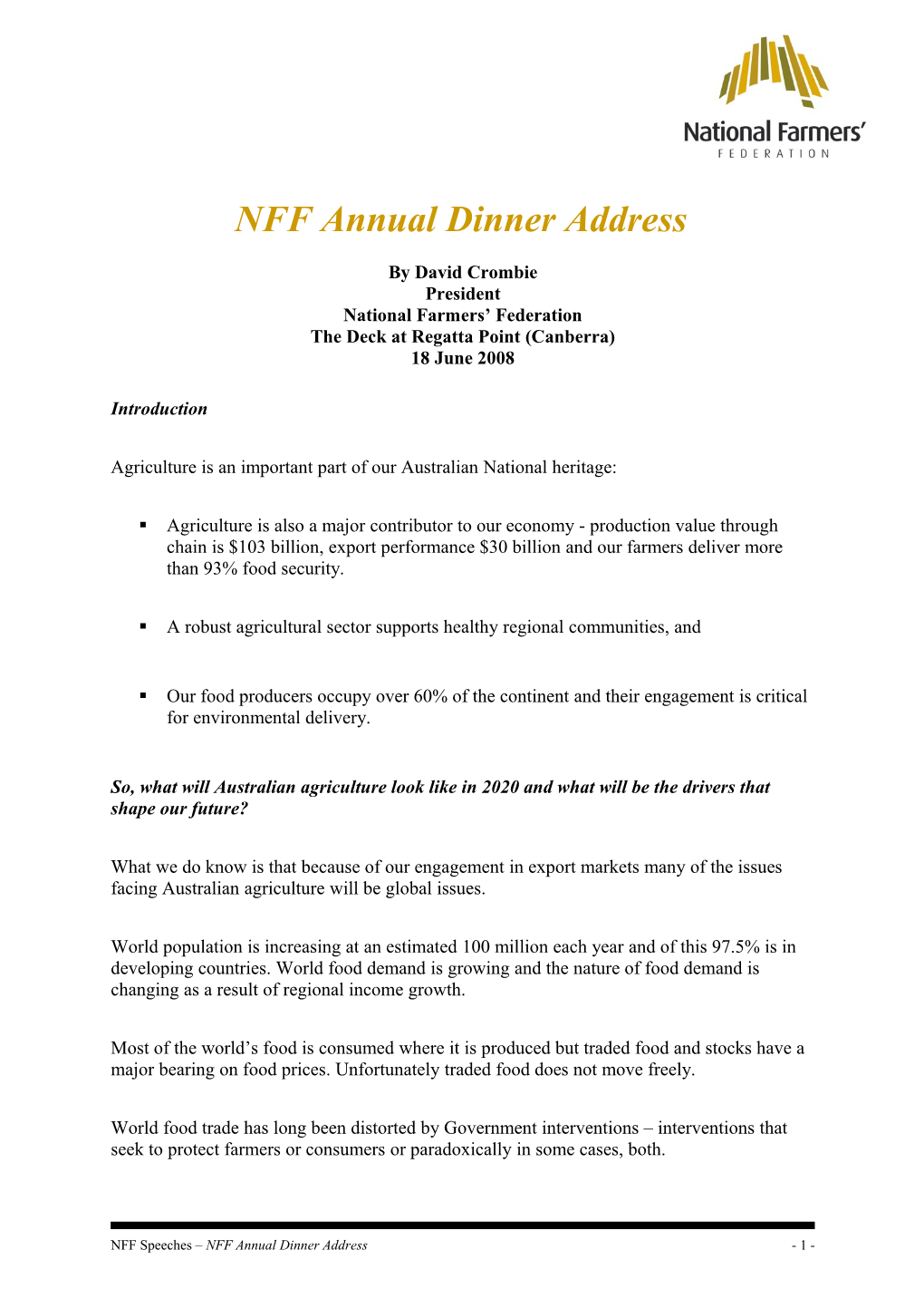 NFF Annual Dinner Address