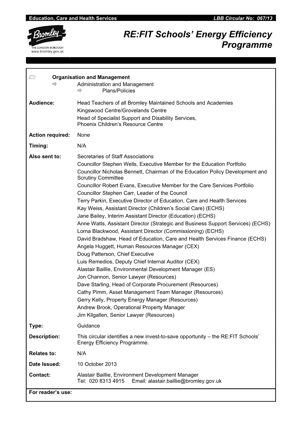 This Circular Identifies a New Invest-To-Save Opportunity - the RE:FIT Schools Energy Efficiency