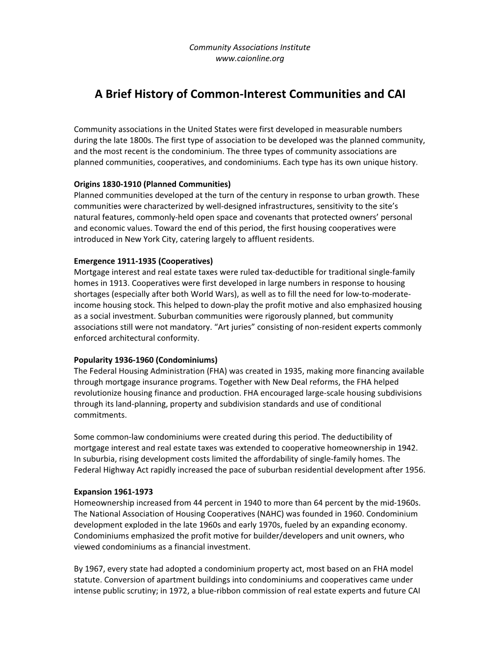 A Brief History of Common-Interest Communities and CAI