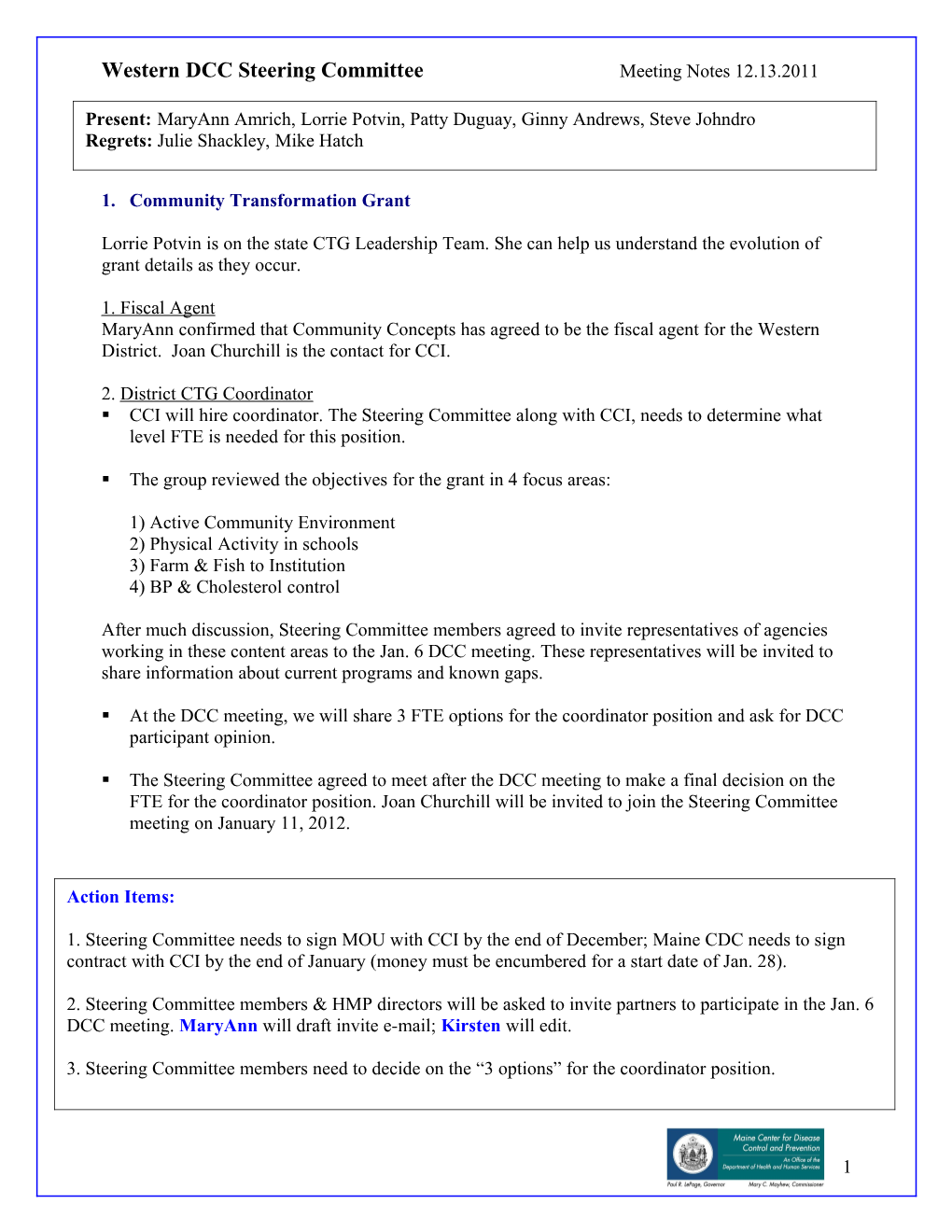 Western DCC Steering Committee Meeting Notes 12.13.2011