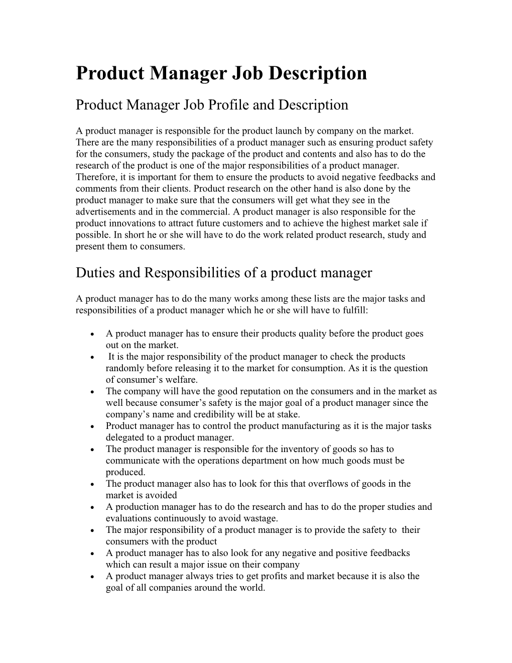 Product Manager Job Description