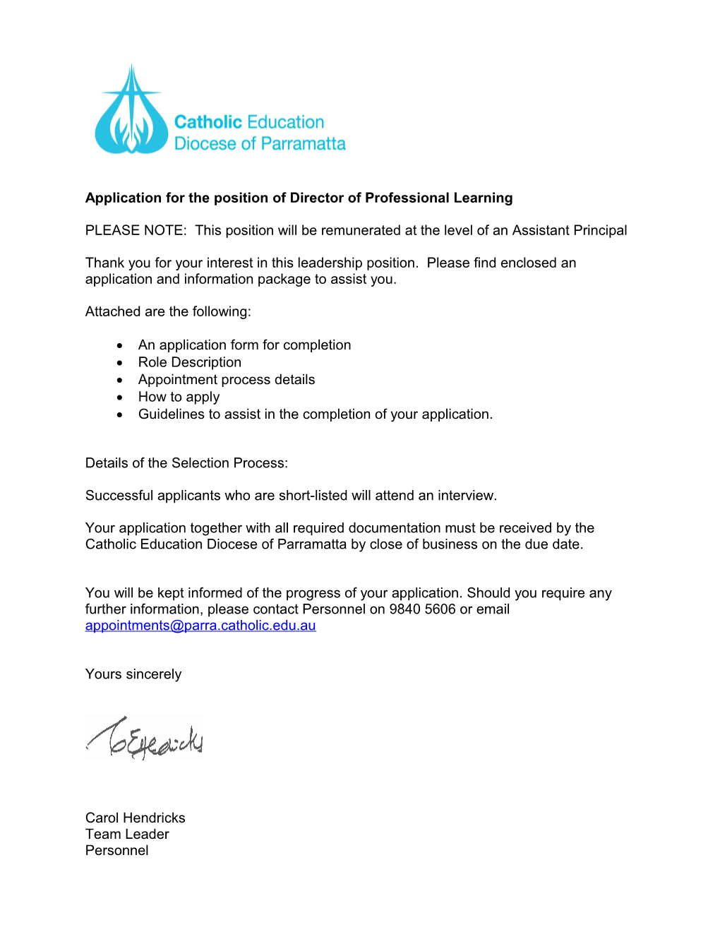 Application for the Position of Director of Professional Learning