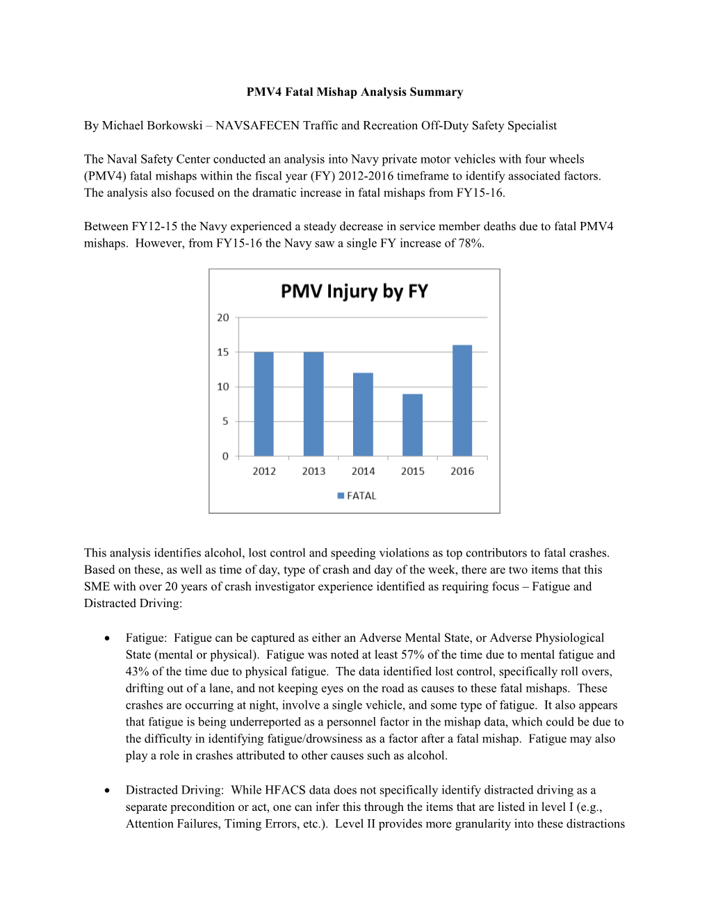 PMV$ Fatal Mishap Analysis Summary