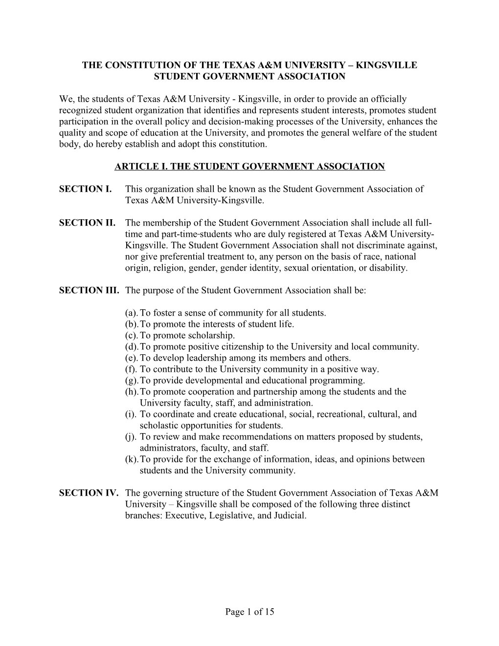 The Constitution of the Texas A&M University Kingsville Student Government Association