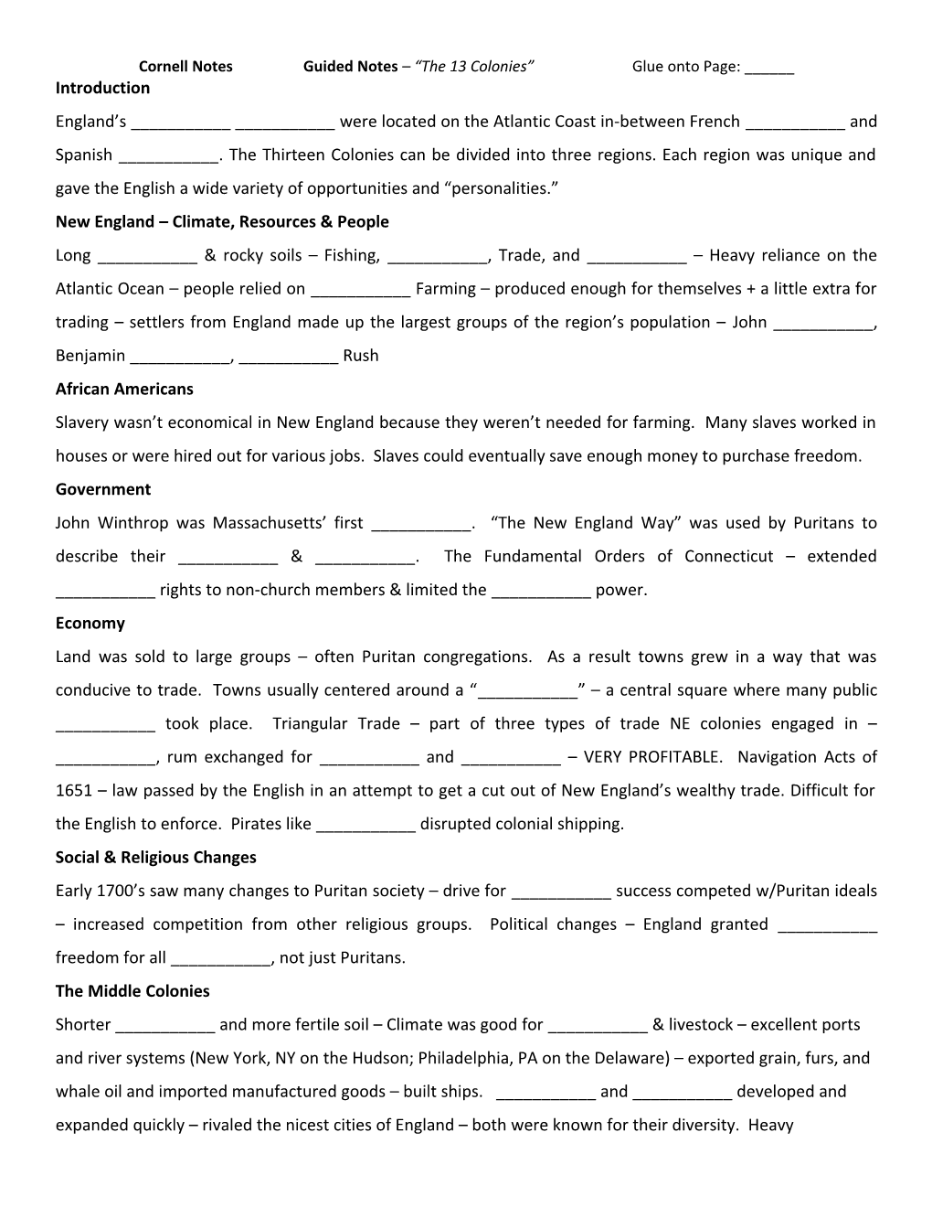 Cornell Notesguided Notes the 13 Colonies Glue Onto Page: ______