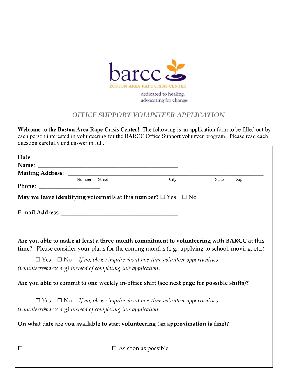 Office Support Volunteer Application