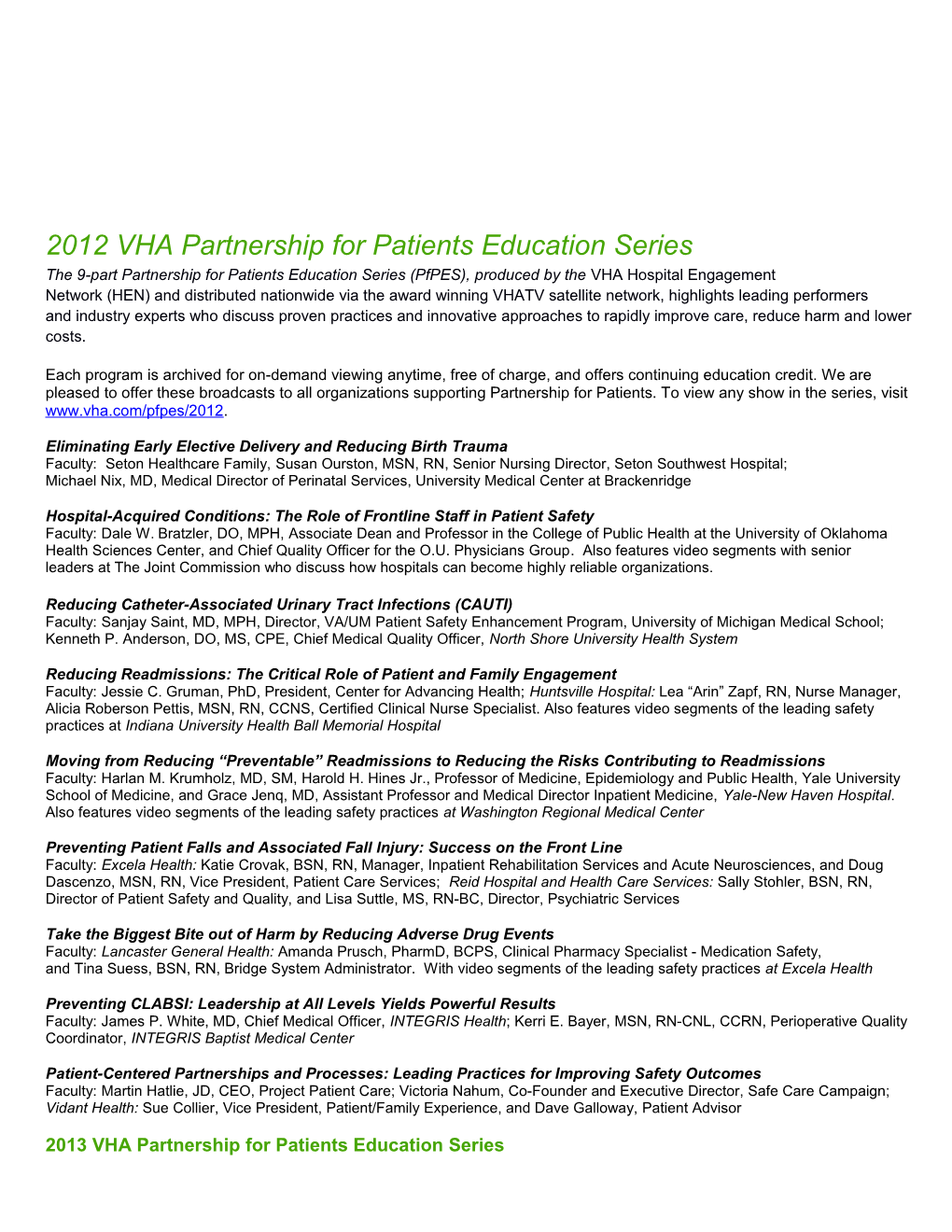 2012 VHA Partnership for Patients Education Series