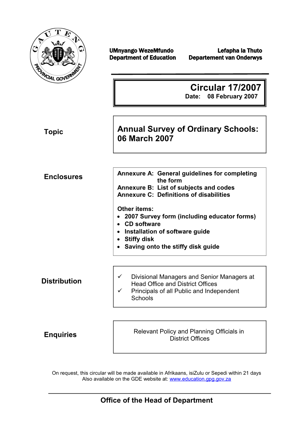 Circ 17/2007 Snap Survey of FET Centres: 6 March 2007