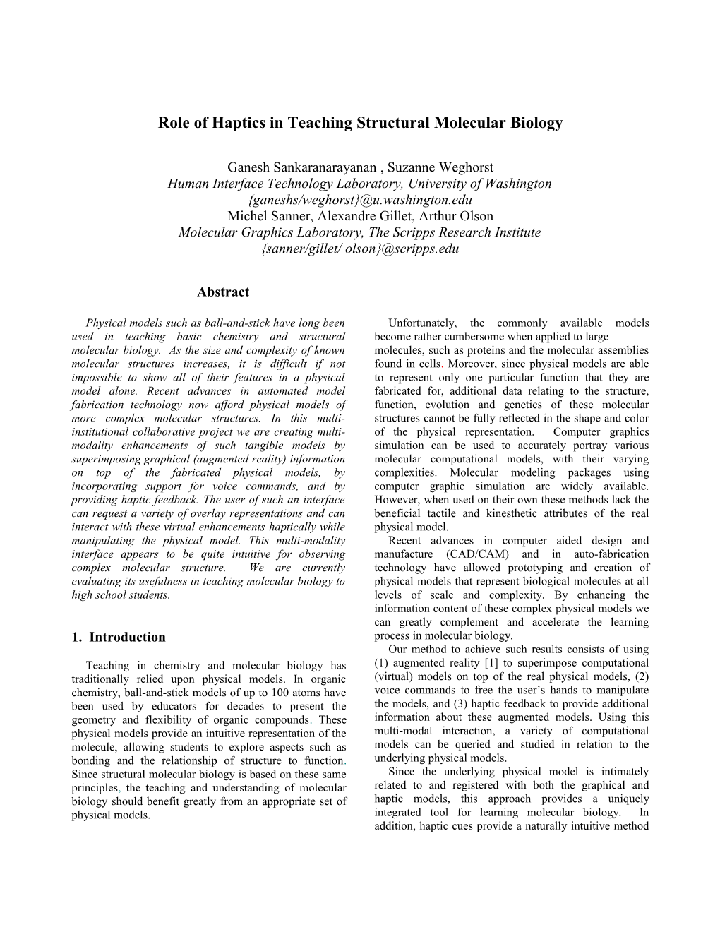 Role of Haptics in Teaching Structural Molecular Biology