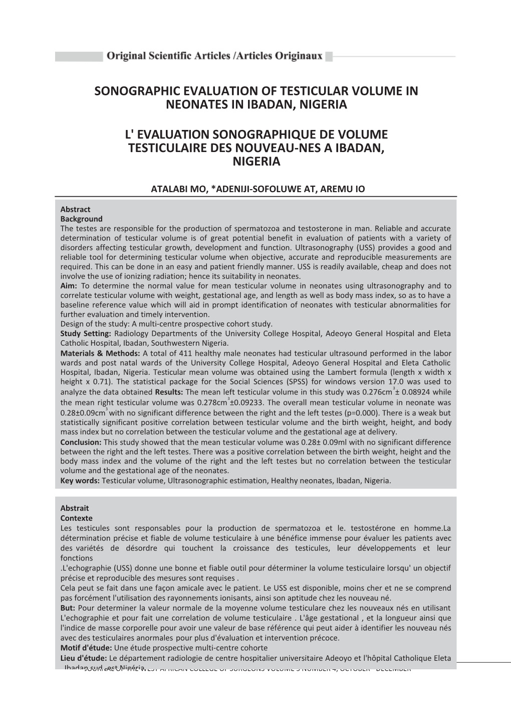 Sonographic Evaluation of Testicular Volume in Neonates in Ibadan, Nigeria