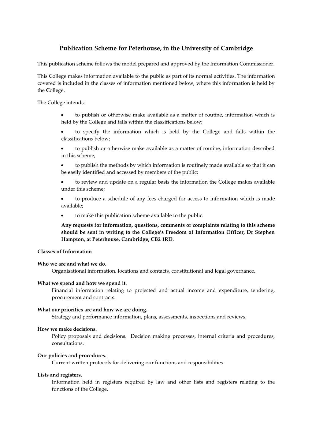 Publication Scheme for Peterhouse in the University of Cambridge