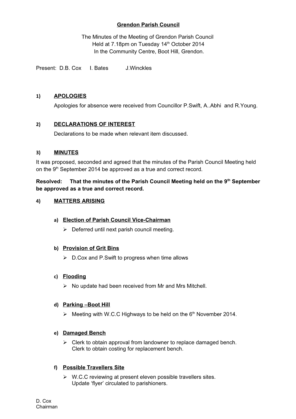 The Minutes of the Meeting Ofgrendon Parish Council