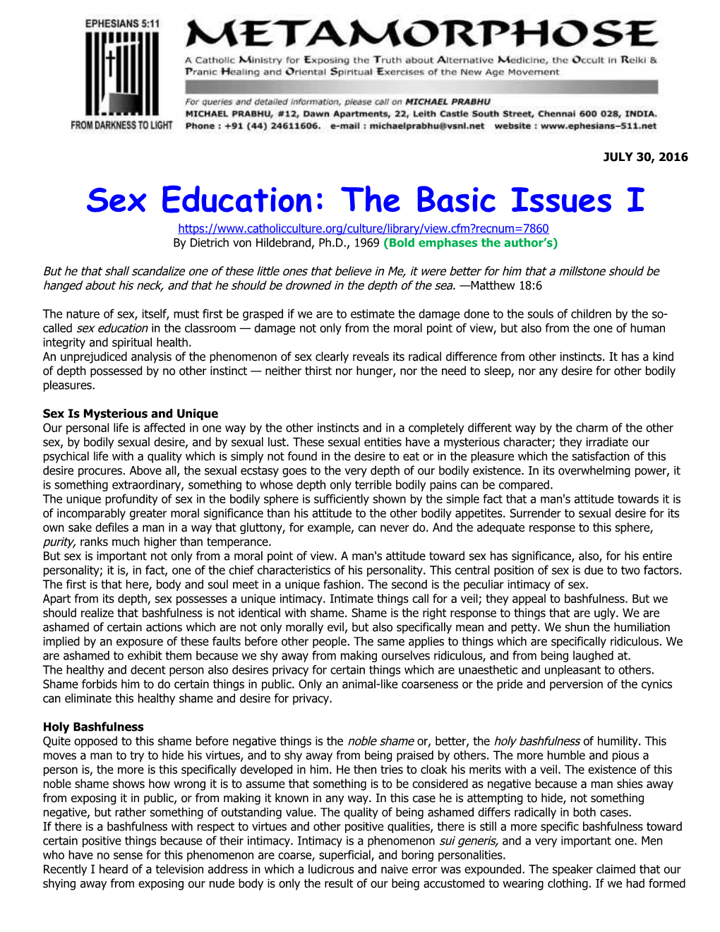 Sex Education: the Basic Issues I