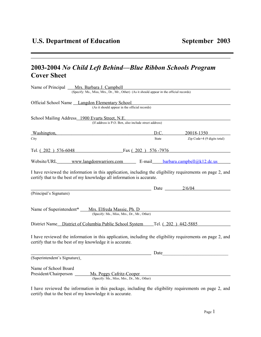 Langdon Elementary School 2004 No Child Left Behind-Blue Ribbon School Application (Msword)