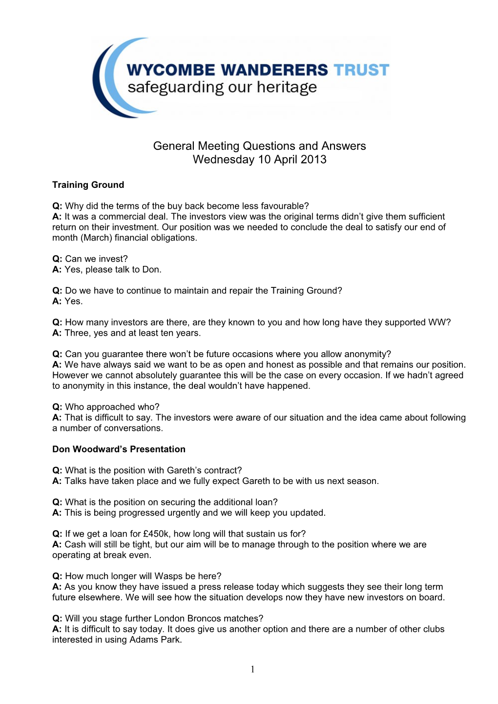 General Meeting Questions and Answers