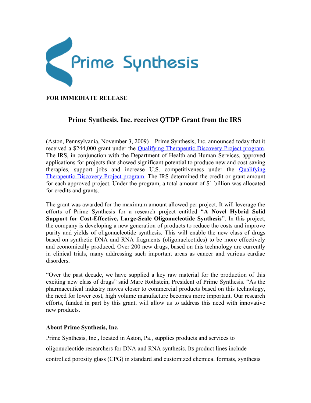 Prime Synthesis, Inc. Receives QTDP Grant from Theirs