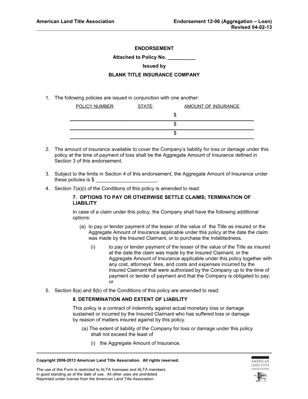 Americanland Title Associationendorsement 12-06 (Aggregation Loan)