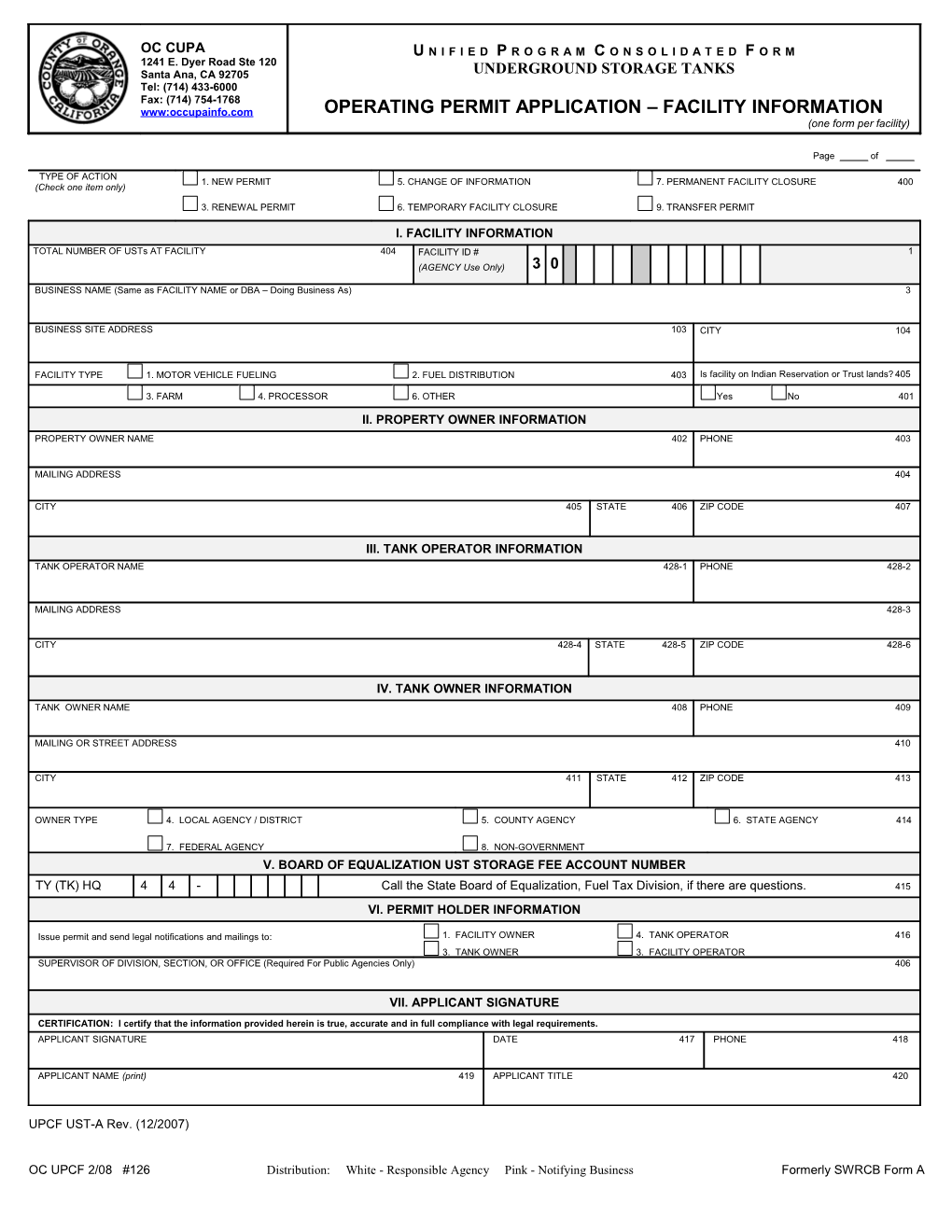 UST Operating Permit Application Facility Information Page 1 Instructions