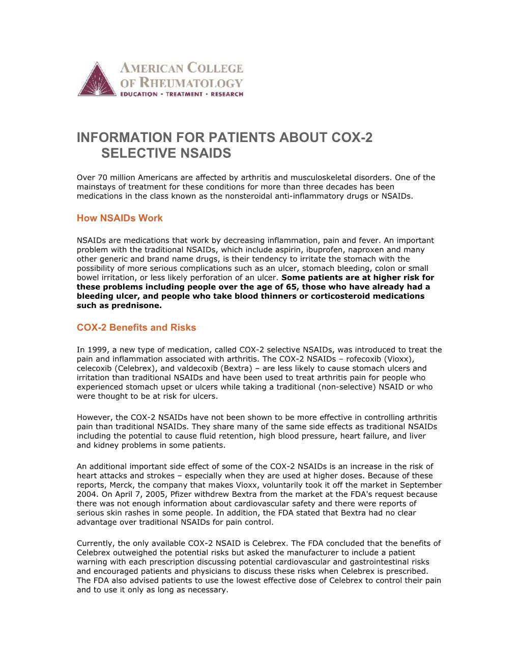 Information for Patients About Cox-2 Selective Nsaids