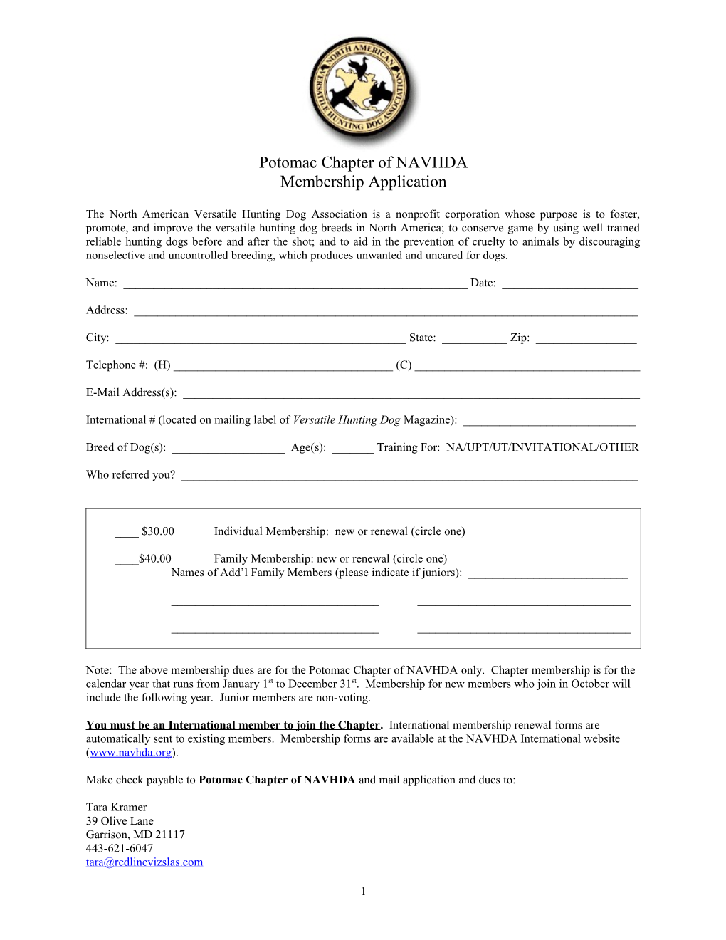 NAVHDA-Potomac Chapter Membership Application
