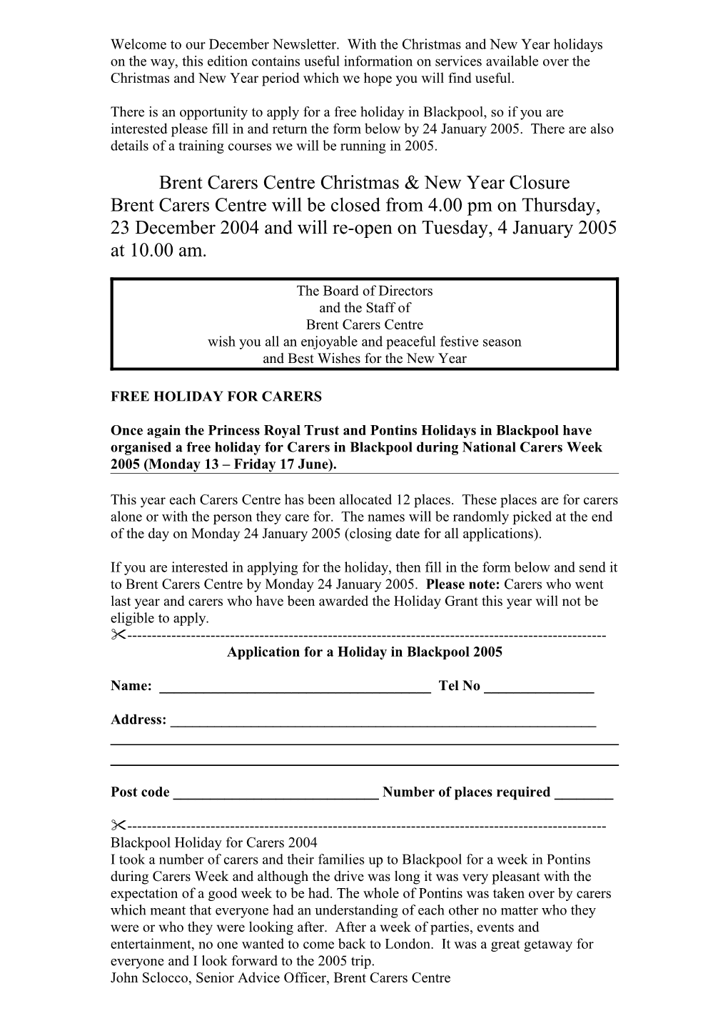 Brent Carers Centre Christmas & New Year Closure
