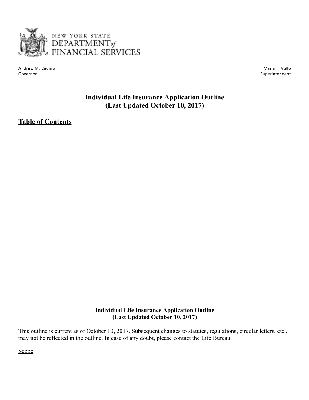 New York State Department of Financial Services Individual Life Insurance Application Outline
