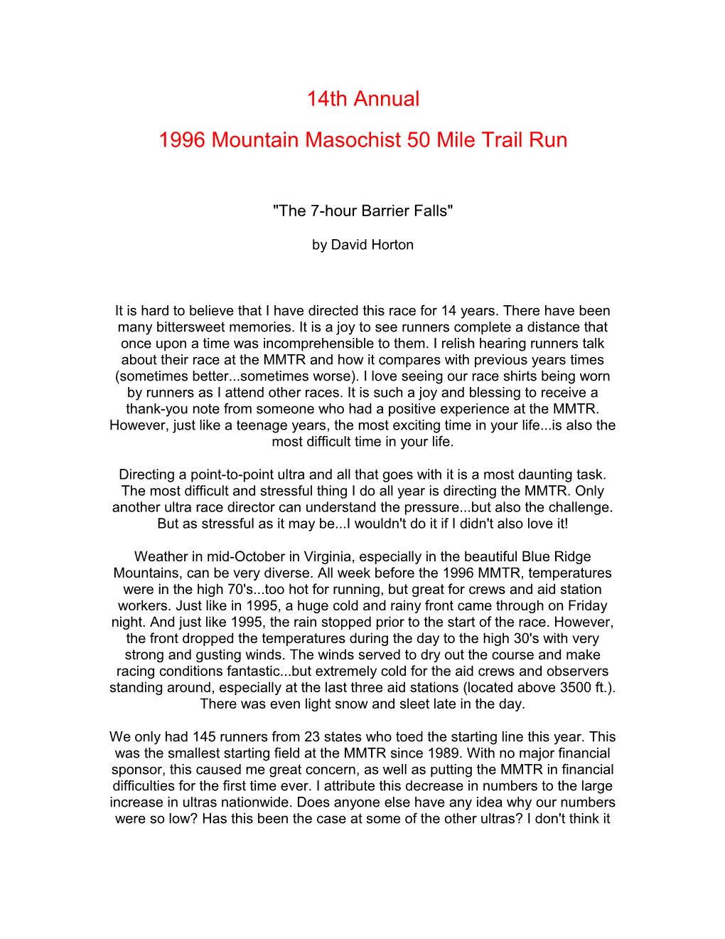 1996 Mountain Masochist 50 Mile Trail Run