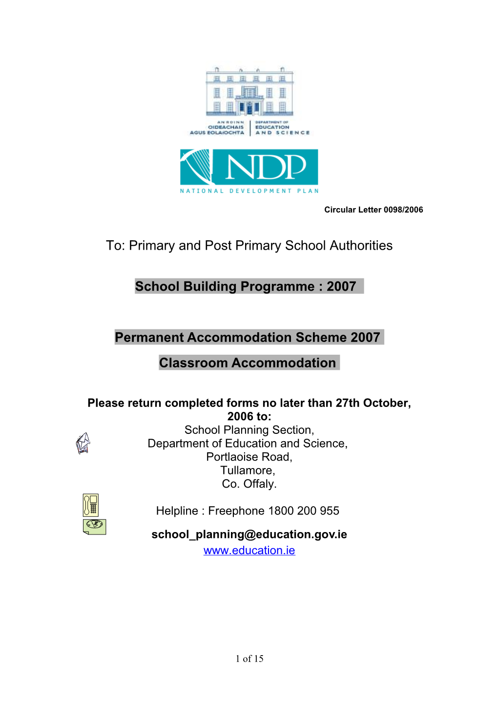 Circular 0098/2006 - School Building Programme : 2007 - Permanent Accommodation Scheme