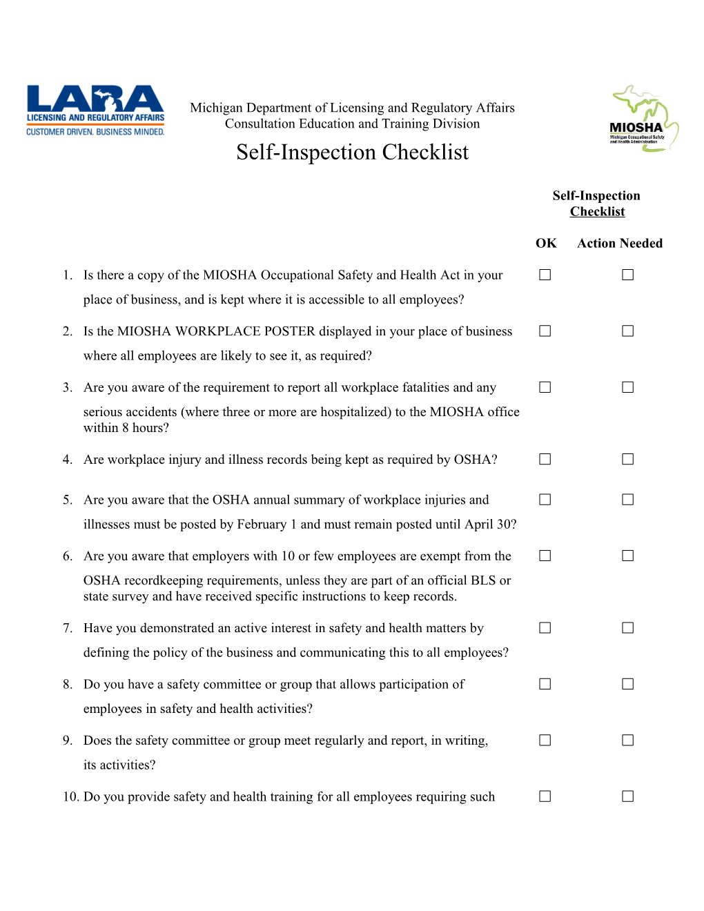 MIOSHA Self Inspection Checklist