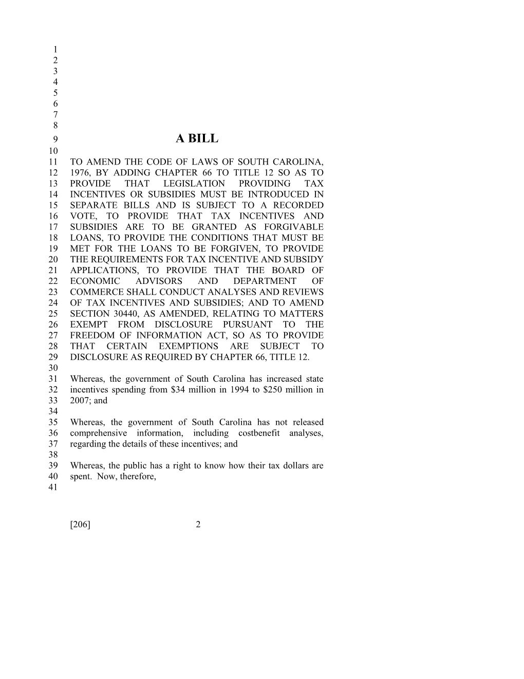 2011-2012 Bill 206: Tax Incentives and Subsidies - South Carolina Legislature Online