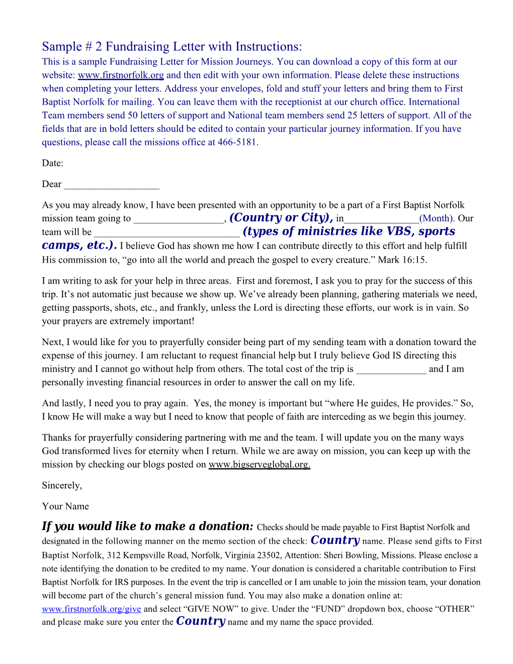 Sample # 2 Fundraising Letter with Instructions: This Is a Sample Fundraising Letter For