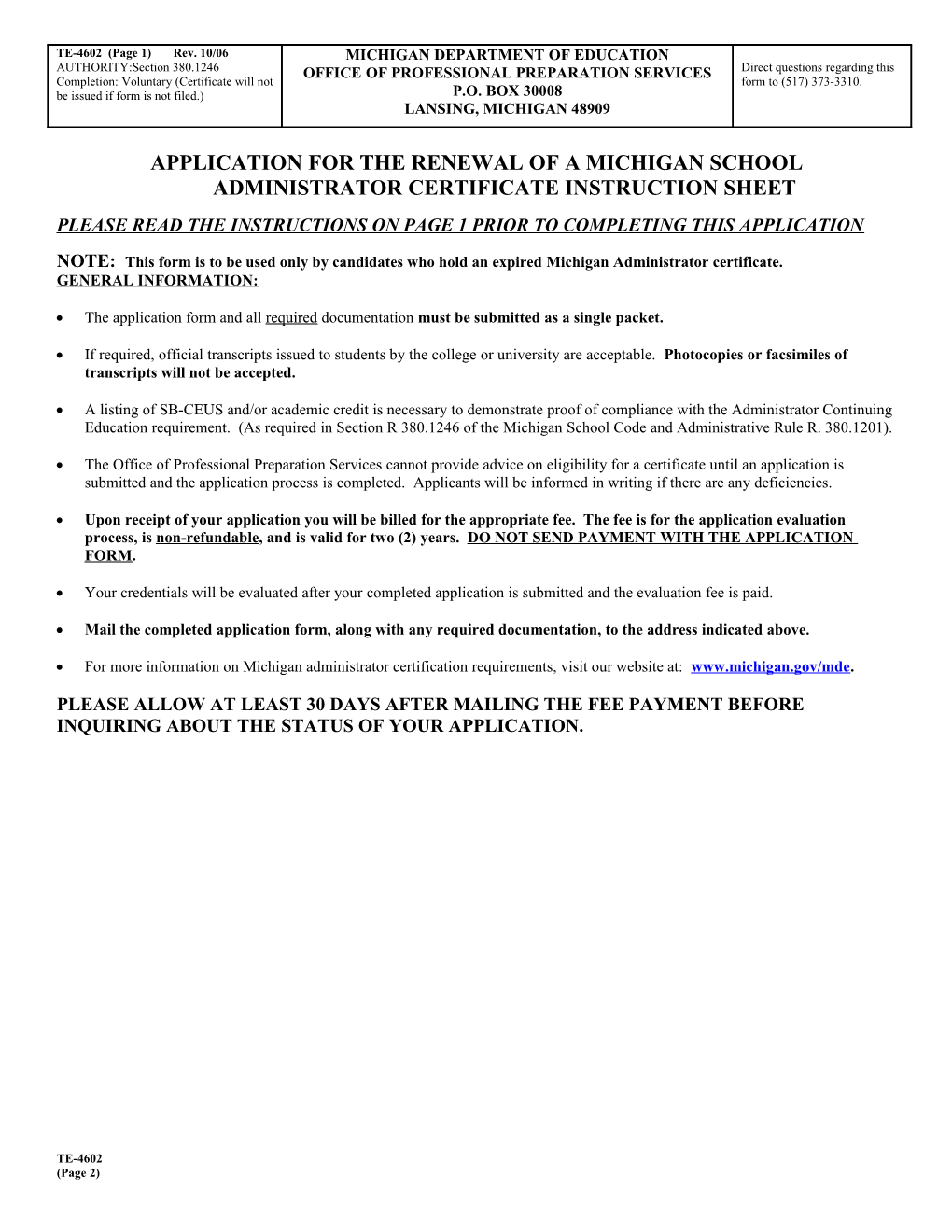 Application for the Renewal of a Michiganschool Administrator Certificate Instruction Sheet