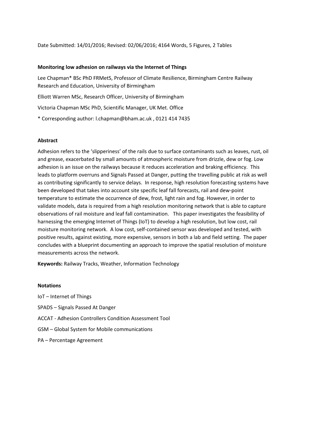 Monitoring Low Adhesion on Railwaysvia the Internet of Things