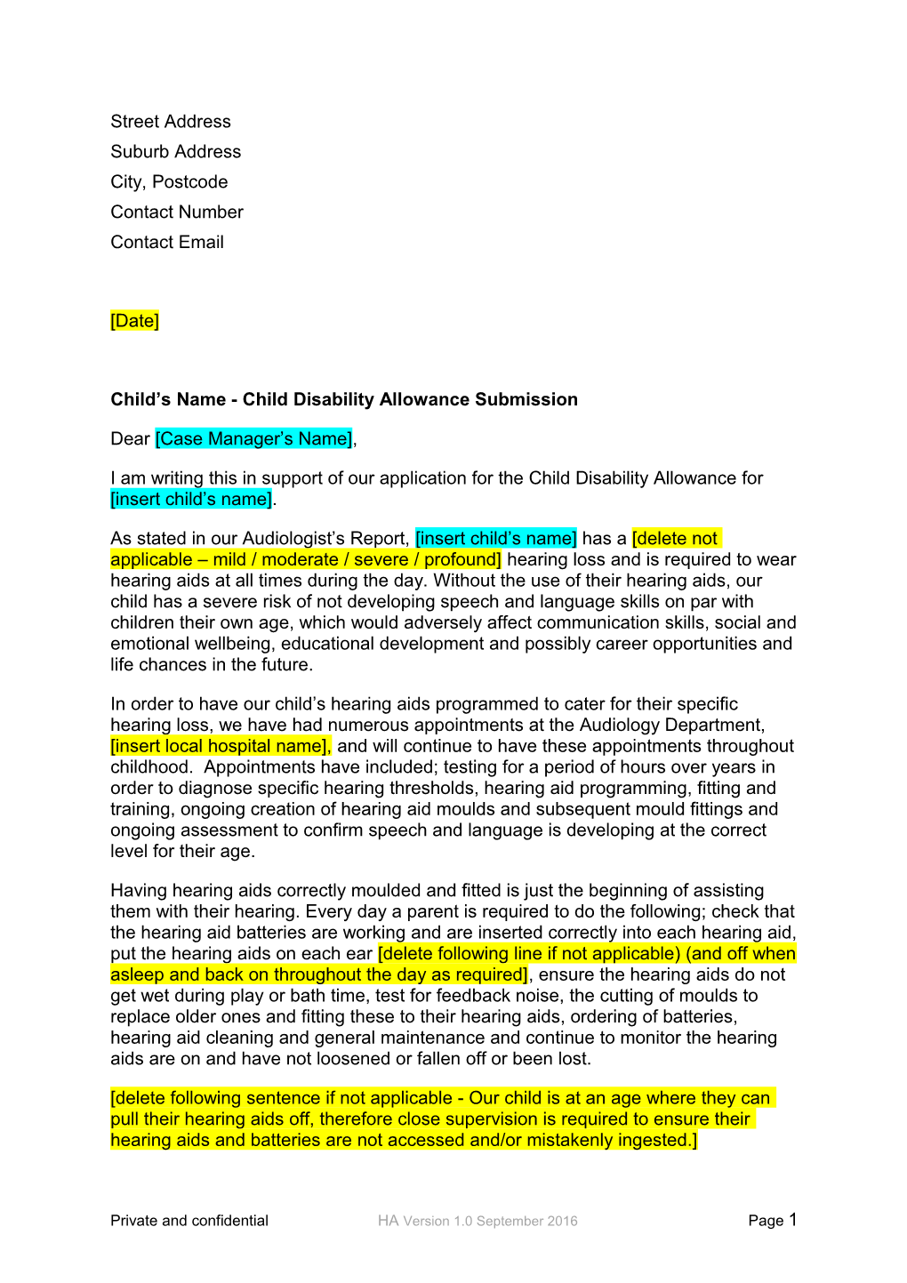 Standard Letter - Child Disability Allowance Submission for Hearing Aid(S)