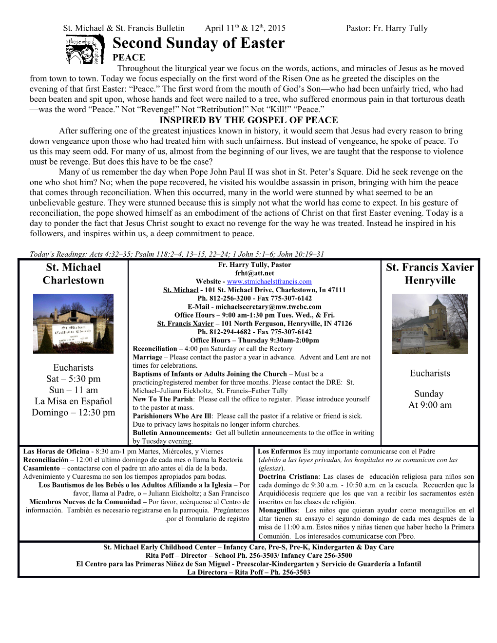 St. Michael & St. Francis Bulletin April 11Th & 12Th, 2015 Pastor: Fr. Harry Tully