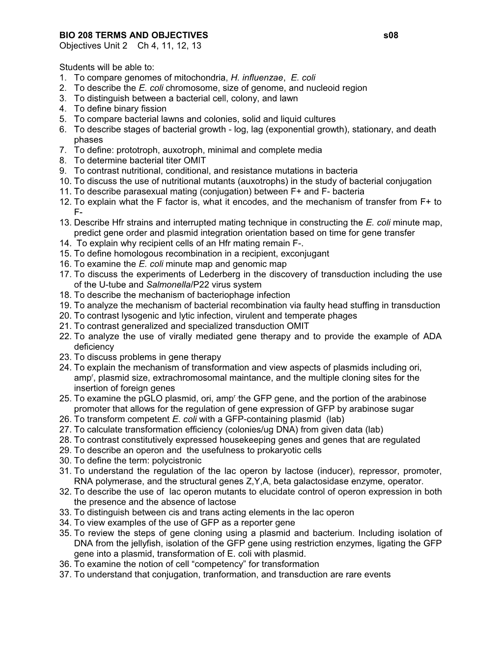 BIO 208 TERMS and OBJECTIVES S08