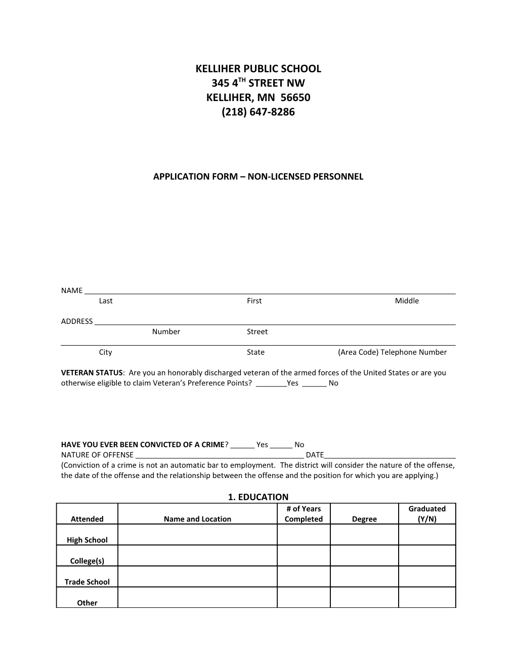 Application Form Non-Licensed Personnel