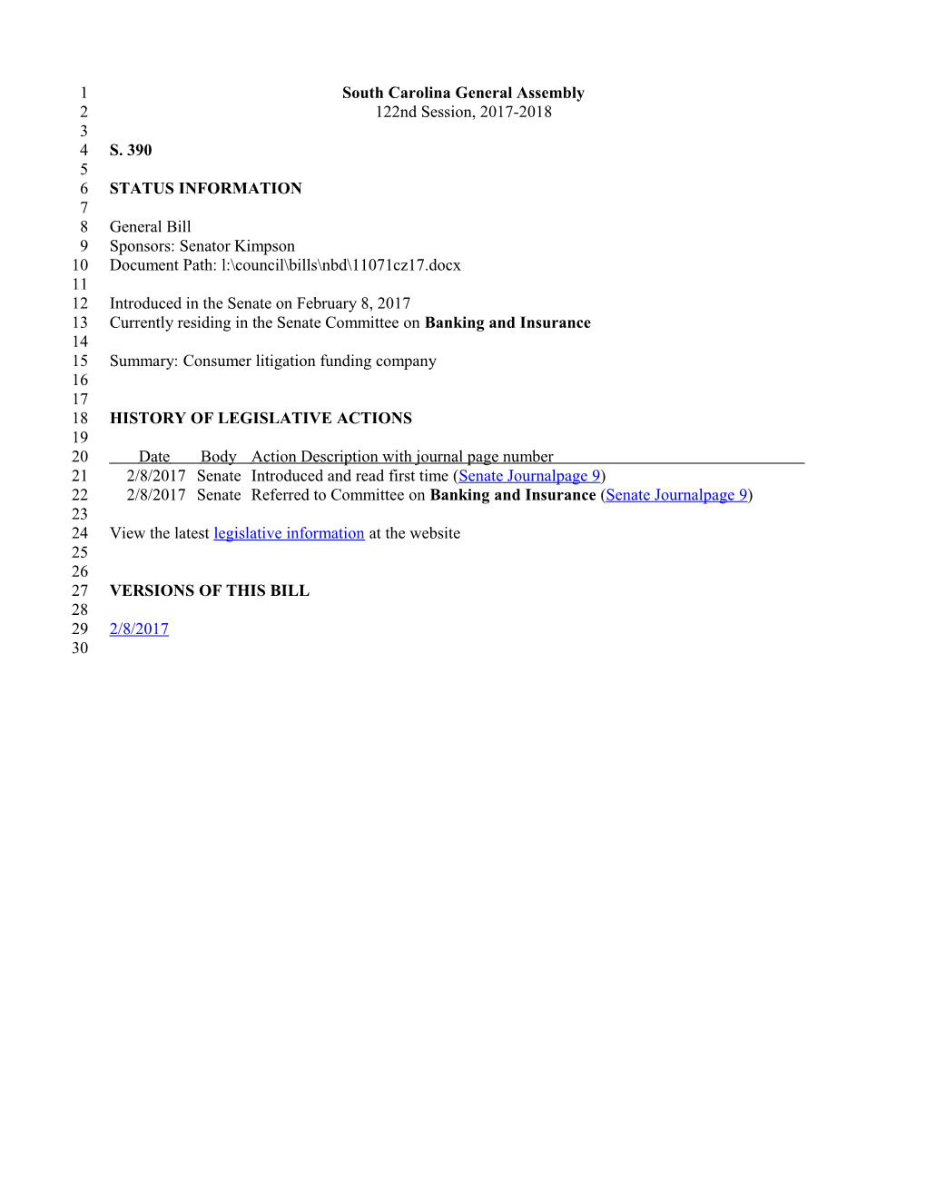 2017-2018 Bill 390: Consumer Litigation Funding Company - South Carolina Legislature Online