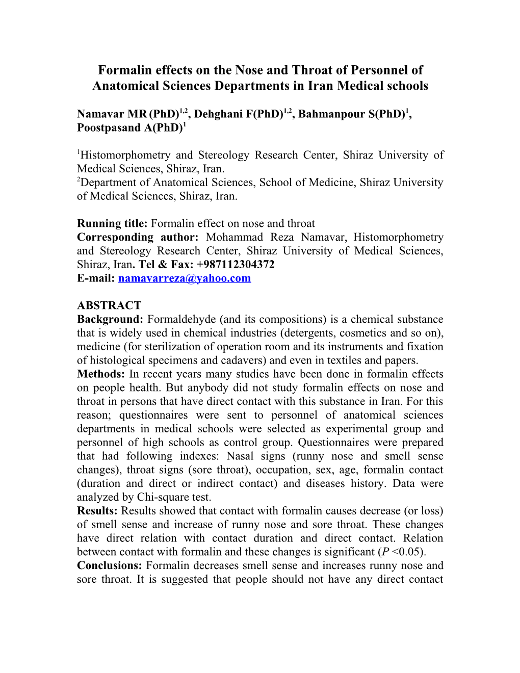 Formalin Effect on Nose and Throat of Personnel of Anatomical Sciences Departments in Iran